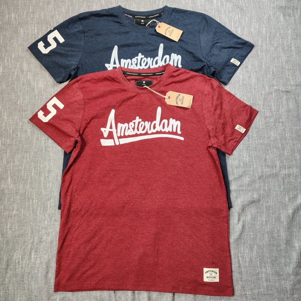 Amsterdam‎ Industry T-Shirt Size Medium Lot of 2 Blue Red 5050 Script Logo #75